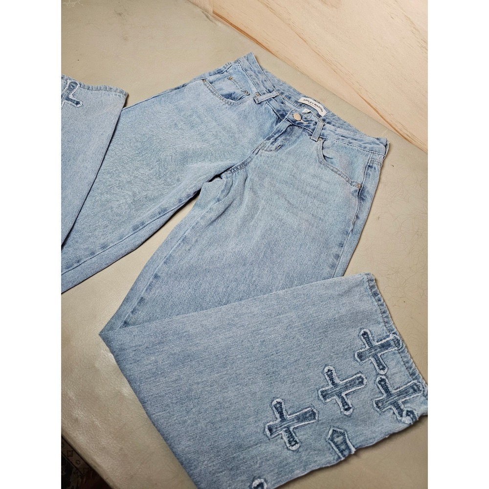 Ashley Mason Y2K Premium Wide Leg Cross Patch Jeans Light Wash Blue 1/25